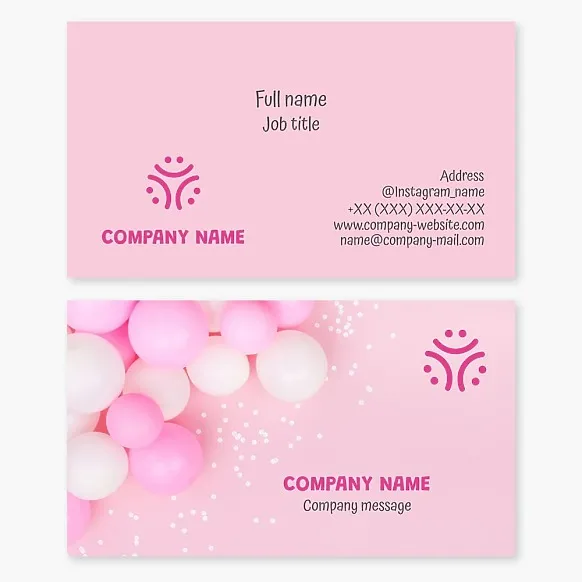 Business card template with balloons and party supplies. Event studio.