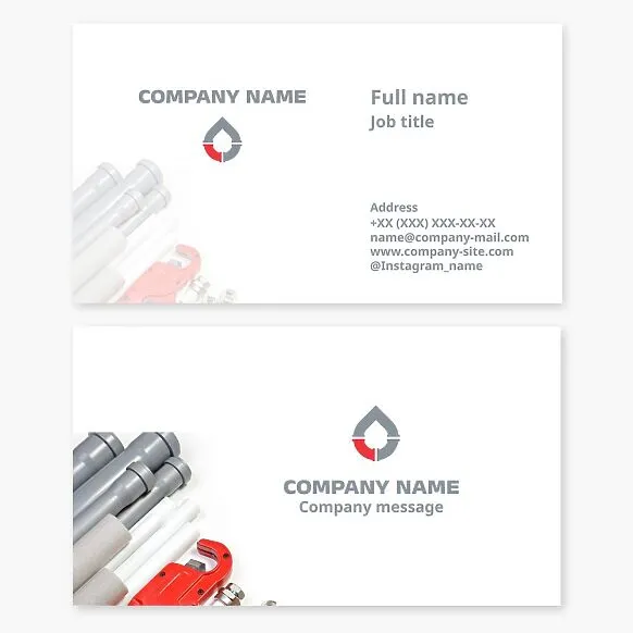 Business card template. Plumbing equipment, materials, tools. Plumber. Metal-plastic pipes, water drop.