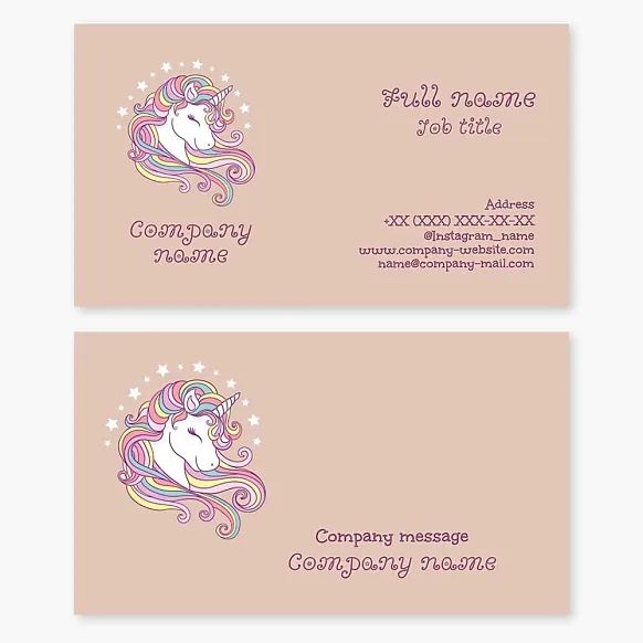 Business card template in children's style. Unicorn, fairy tale, children's products