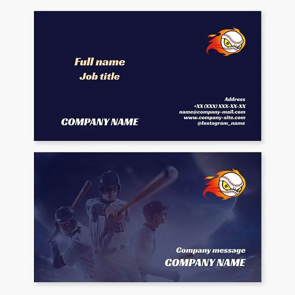 Sports business card template. Baseball: team, coach, sports section.