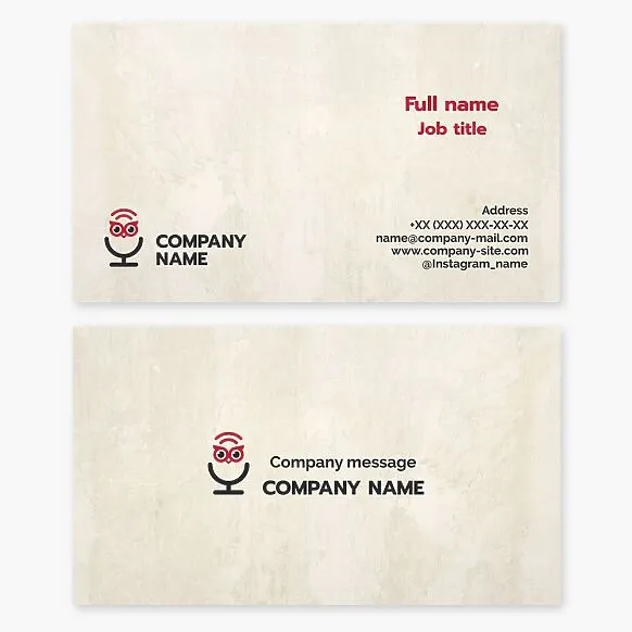 A business card template featuring an abstract owl and microphone. Educational podcast and courses.
