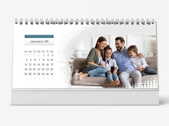 Desk calendar template featuring a cheerful family sitting on the couch