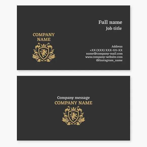 Business card template. Heraldic lion on a shield with a crown.