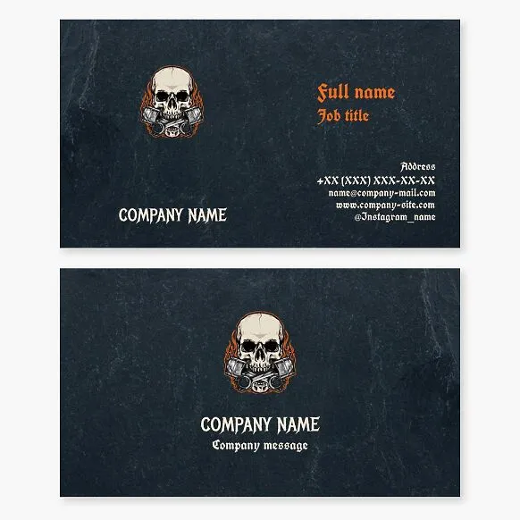 Vintage-style business card template with the "Skull, Piston, and Fire" logo. Auto and motorcycle repair. Parts supply.