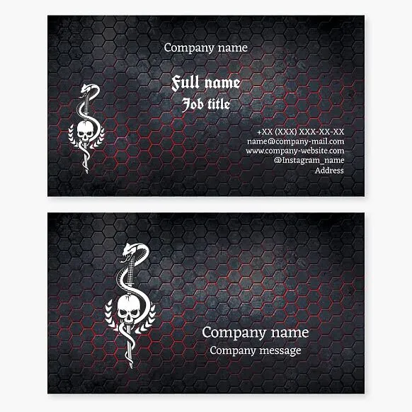 Dark Hexagon Business Card Template, Skull, snake, aggression, tattoo