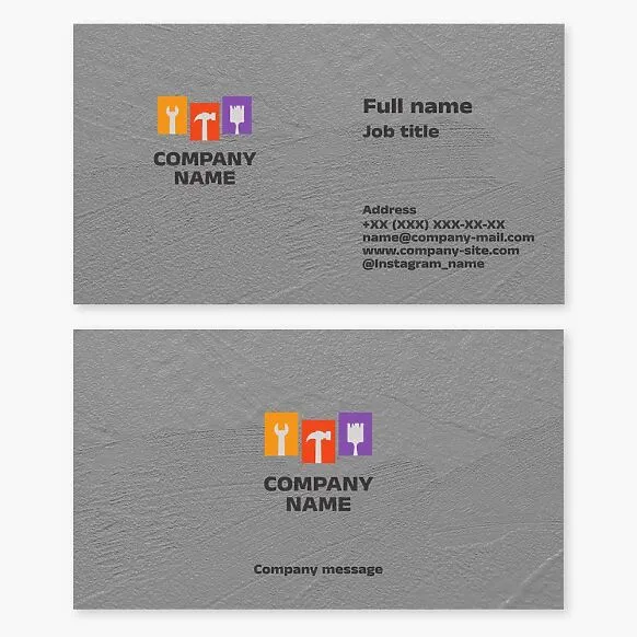 Handyman business card template. Open-end wrench, hammer, paintbrush. Plaster background. Appliance and home repair.
