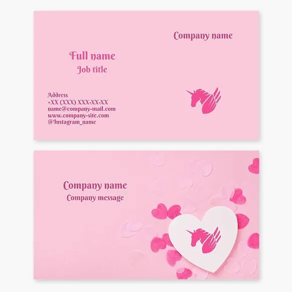 Pink Unicorn Logo | Pink Hearts | Business Card Template. Symbol of purity, innocence, spiritual authority, prudence, kindness, wisdom, healing, divine power, and devoted love. Marriage agency.