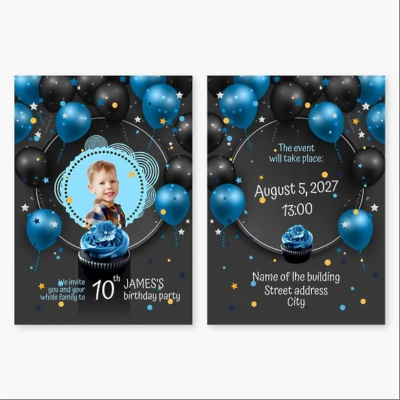 Postcard template: "Birthday Party Invitation for a 10-Year-Old Boy with Balloons, Cake, and Tinsel on a Dark Background"