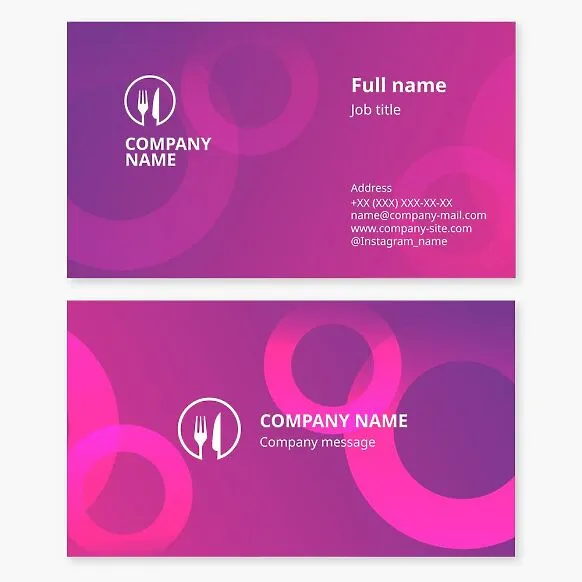 Business card template with a cutlery logo in bright pink. Cafe, restaurant, catering. Knife, fork. Letter O.