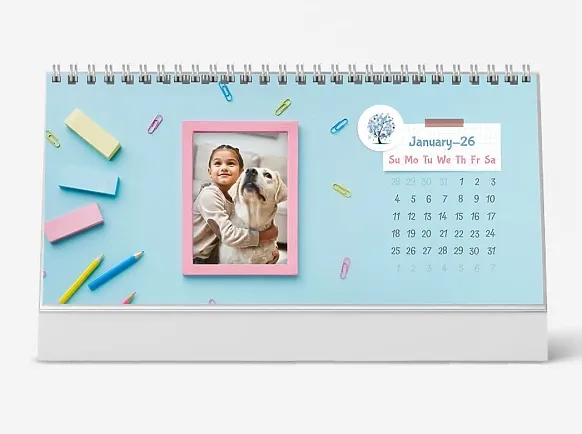 Desk calendar template: "Girl and dog in a frame with children's stationery on a blue background"