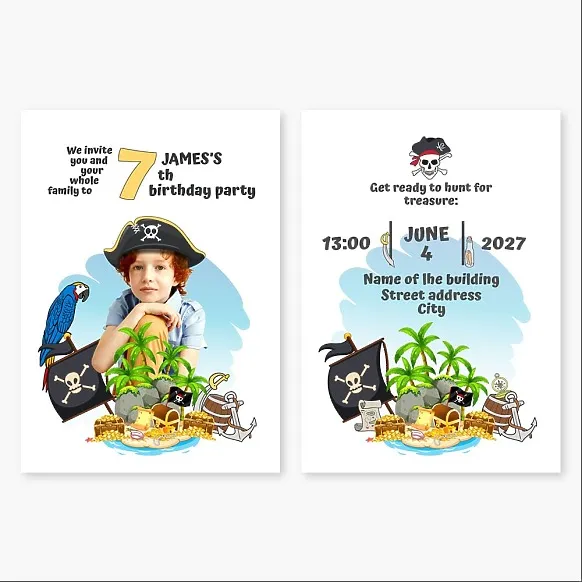 Postcard Template: "7-Year-Old Boy's Birthday Party Invitation with Pirates and Treasure Island Theme"