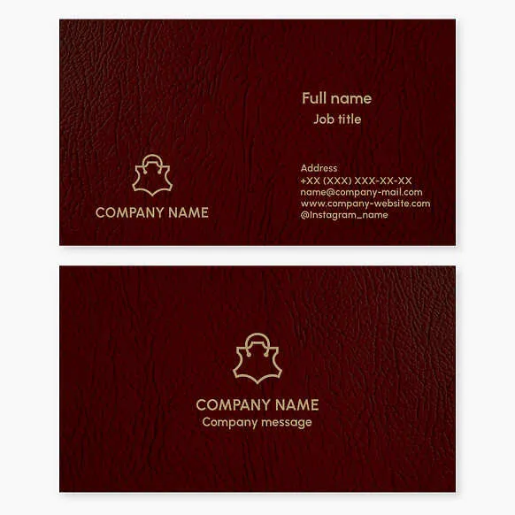 Business card template. Leather. Leather supplies. Leather goods atelier. Leather repair shop. Leather accessories store.