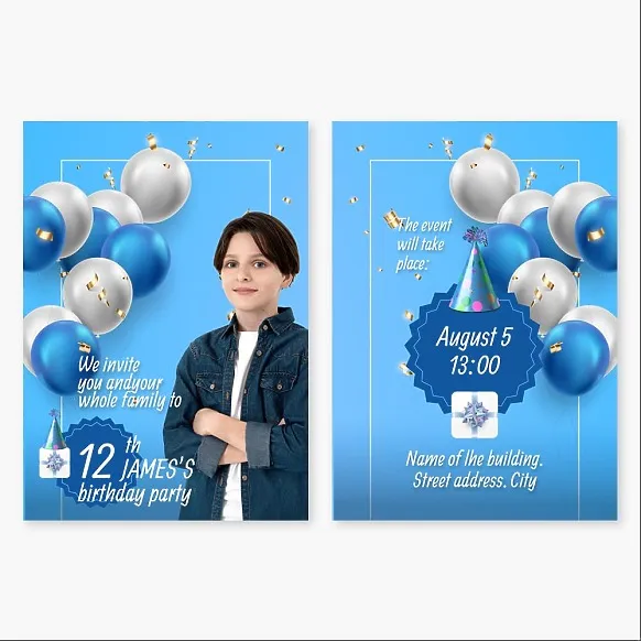 Postcard template "Birthday Party Invitation for a 12-year-old Boy with Balloons, Gift, Party Hat"