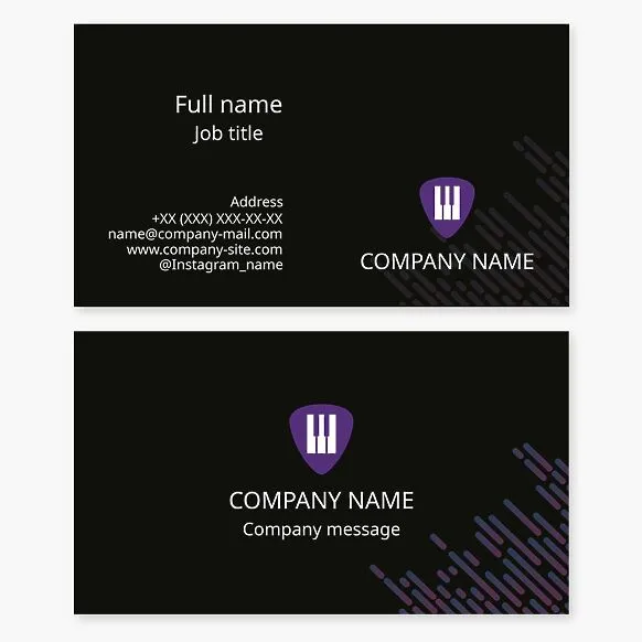 Business card template featuring a guitar pick and piano keys logo. Synthesizer diagram.