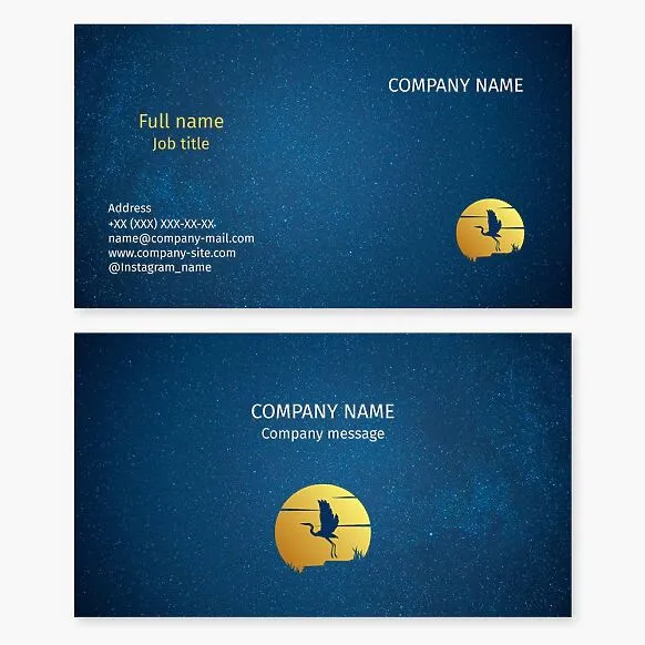 Business card template. Night sky, stars, a flying crane. Symbol of longevity, happiness, peace, fidelity, wisdom, purity, prosperity, harmony, and remembrance of the fallen.
