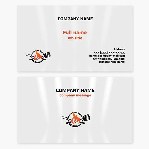 White business card template with a grill logo. Grill and picnic equipment. Mobile grill bar. Fork, spatula, flame. Letter O.