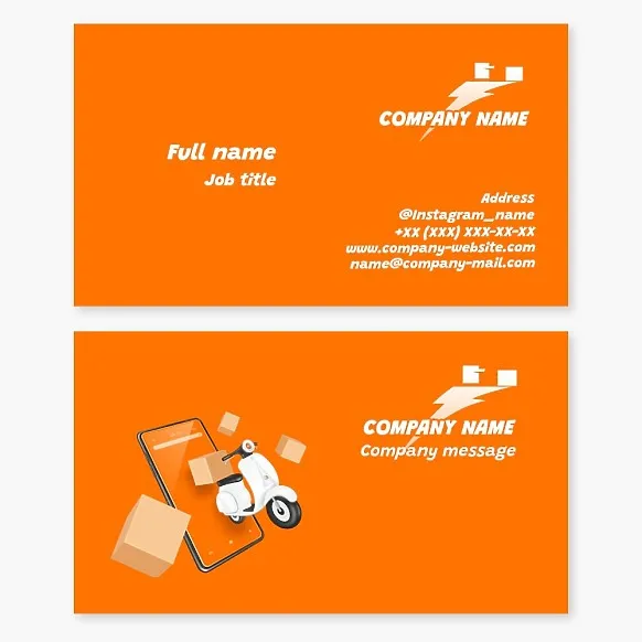Delivery service business card template. Courier, zipper, scooter.