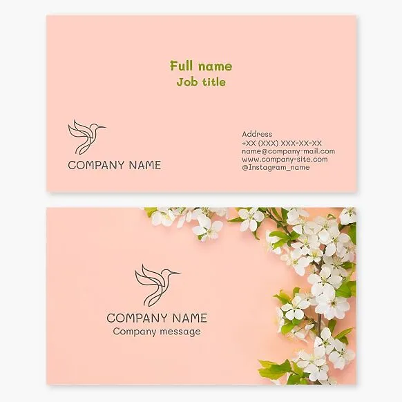Business card template "Hummingbird, Cherry Blossom Branch." Abstract. Beauty salon, makeup artist.