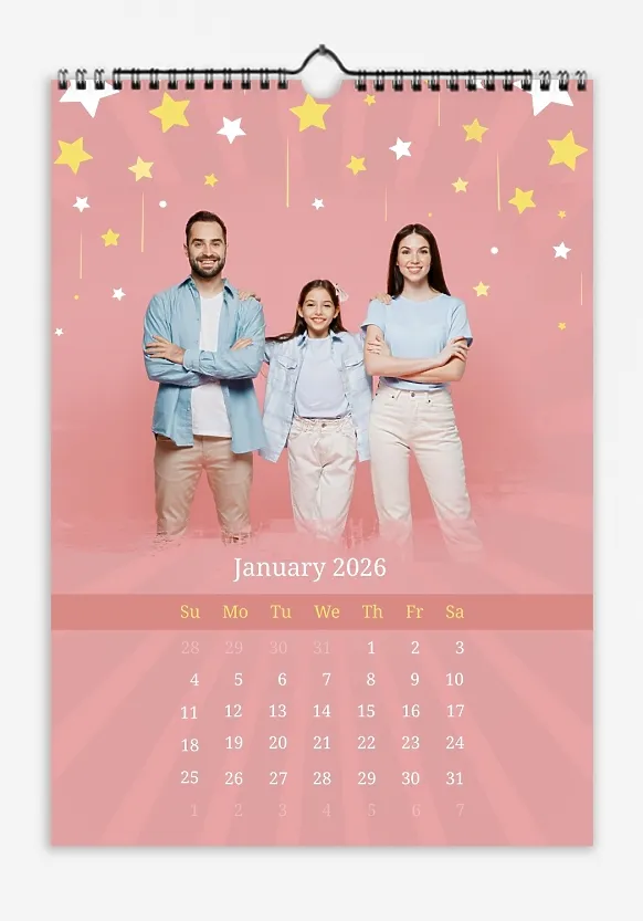 Calendar template with stars "Happy family with a daughter" on a pink background.
