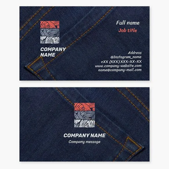 Design of a denim business card. Sewing denim pants, suits and work clothes from denim fabric.