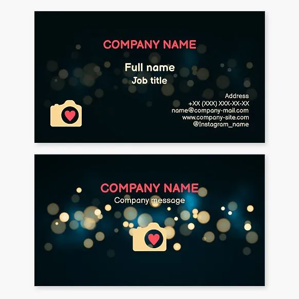 Business card template. Camera with a heart in the lens. Photographer.