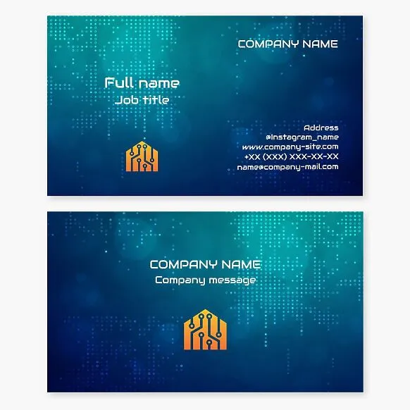Business card template featuring a smart home PCB logo. We design, install, maintain, and repair smart home components.