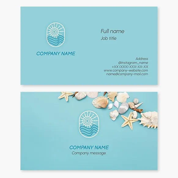 Beach theme: business card template with starfish and shells. Resort hotel, vacationer entertainment, boat trips.
