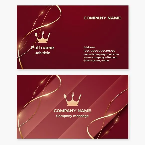 Business card template with the Royal Crown restaurant logo. Spoon, fork, and knife. Upscale restaurant.