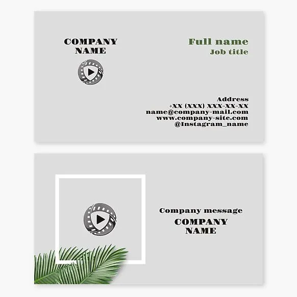 Business card template with a film logo. Film company. Event videography. Videographer, video editor. Film reel, record button, palm branch.