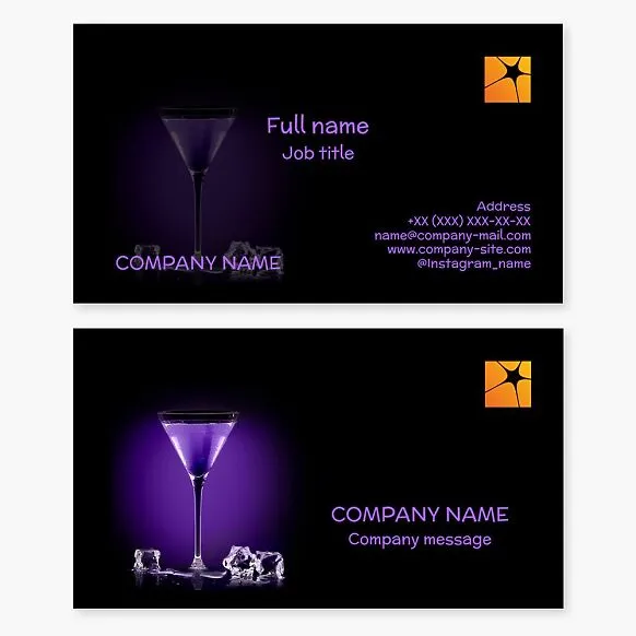 Cocktail bar business card template featuring a bartender. Star, spotlight. Glass, alcohol, ice.