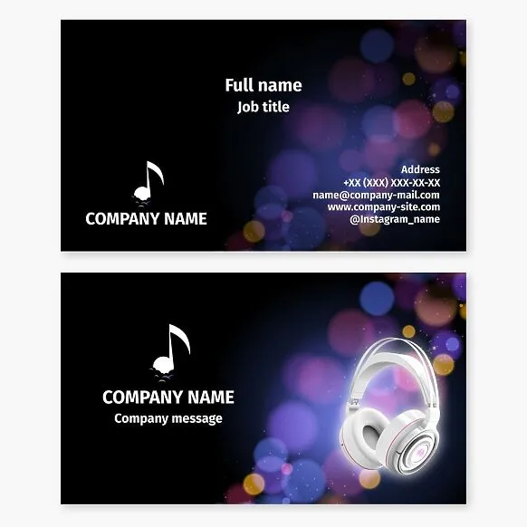 Business card template. Music, note, headphones, bokeh. Recording studio.