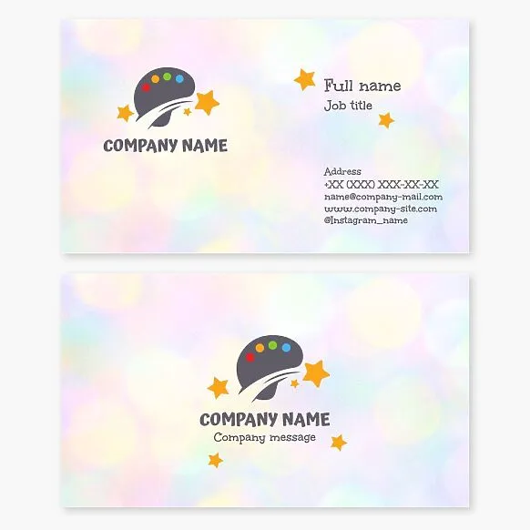 Business card template. Children's art school. Palette, stars, bokeh.