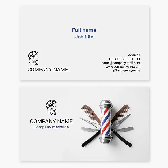 Business card template for a professional barbershop. Profile of a man with a beard. Barber tools and a barbershop sign.