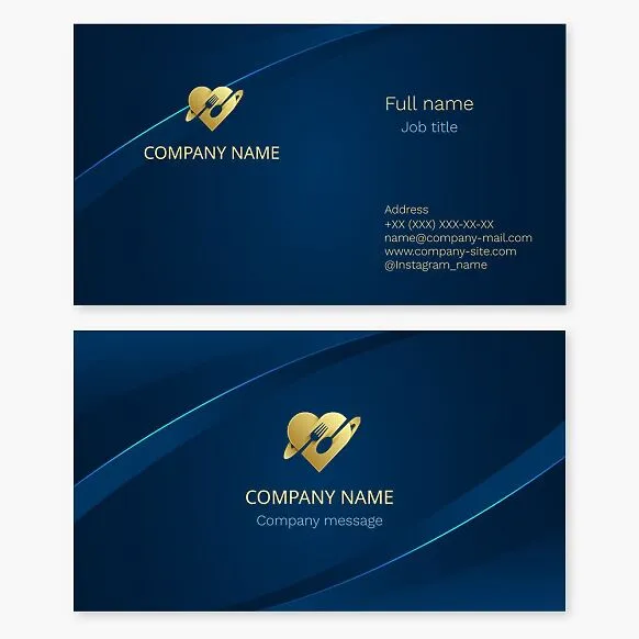 Business card template with a fork, spoon, and heart logo. Restaurant, cafe.