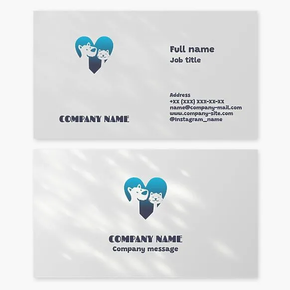 Pet care business card template. Heart, dog, cat. Animal shelter. Pet store.