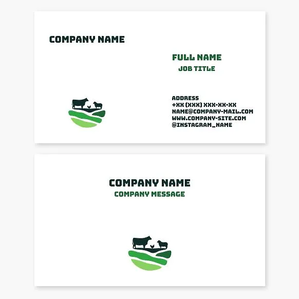 Business card template for a farm. Green meadows, cow, sheep, and chicken.