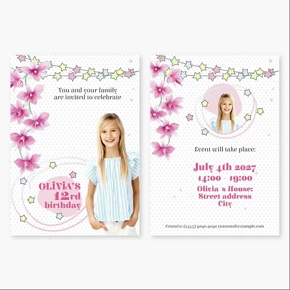 Postcard Template: "Birthday Party Invitation for a 12-Year-Old Girl with a Flower and Stars"