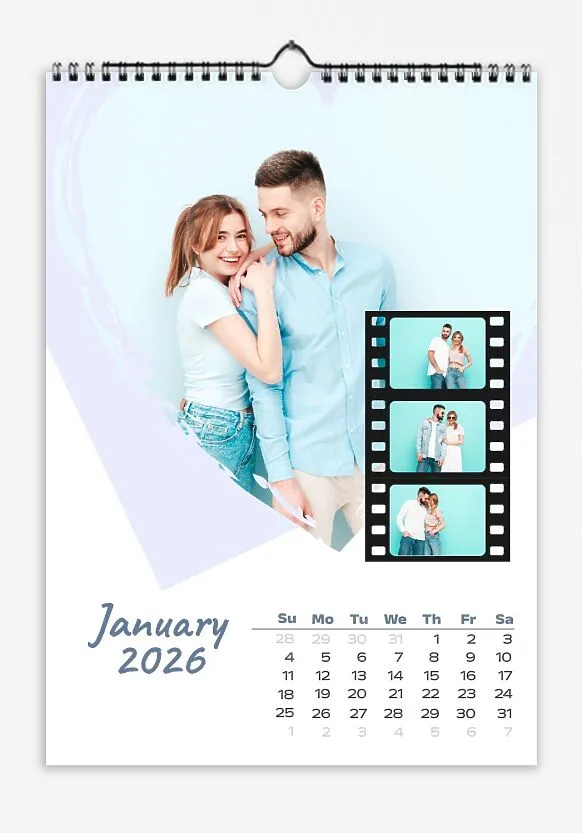Lovers Calendar Template. Bride and groom in a heart with delicate flowers and film frames.