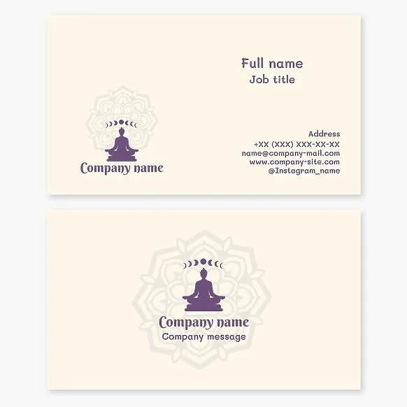 Business card template. Yoga with a Buddha logo and Indian pattern. Yoga studio. Yoga instructor, yoga trainer, yoga teacher.