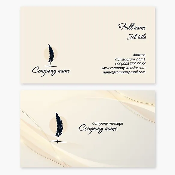 Business card template with a quill pen. Poet, novelist, book publisher.