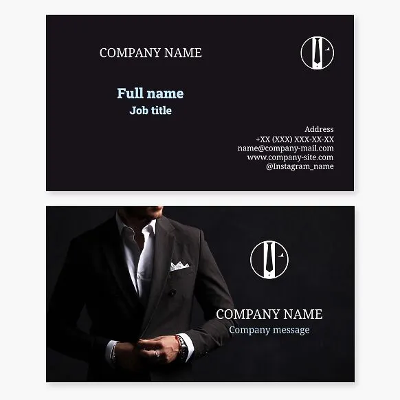 Business card template. Atelier, clothing store. Men's suit.