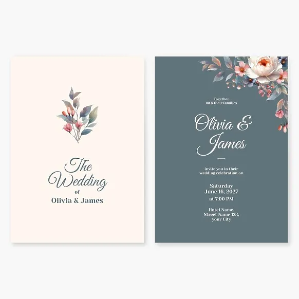 Wedding invitation template with roses on a beige and green background, with flowers