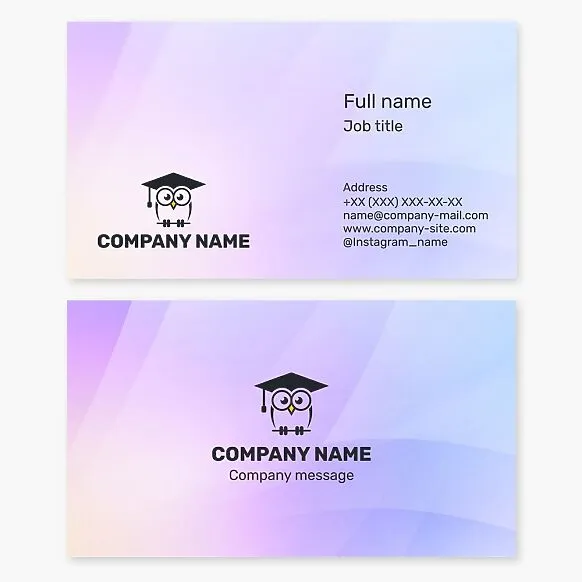 Business card template for the education sector. Owl, college graduation cap. Tutor, teacher, private school, supplementary education.