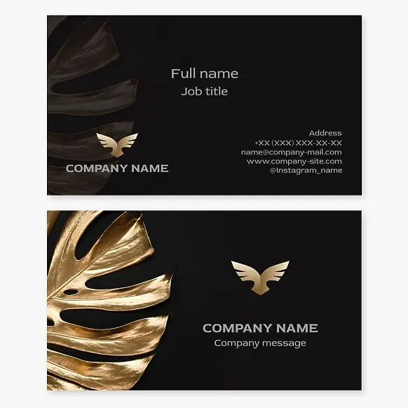 Bird | Golden Leaf | Abstract | Black Business Card Template | Symbol of Freedom, Soul, Spirituality, and Hope.