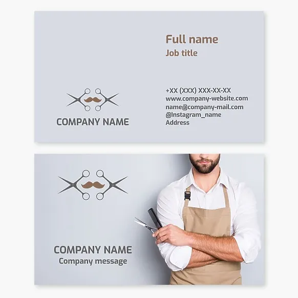Barbershop business card template, materials and tools for barbershop