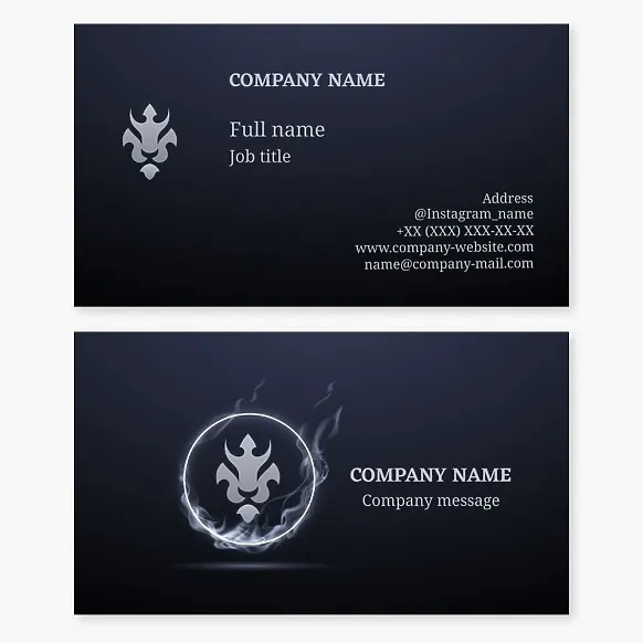 Business card template featuring a lion head with a royal style crown. Circus performance. Lions jumping through a burning hoop. Taming a lion.