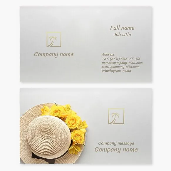 Straw Hat and Flowers Business Card Template. Palm Tree. Beach Products and Services. Seaside Cabin Rentals.