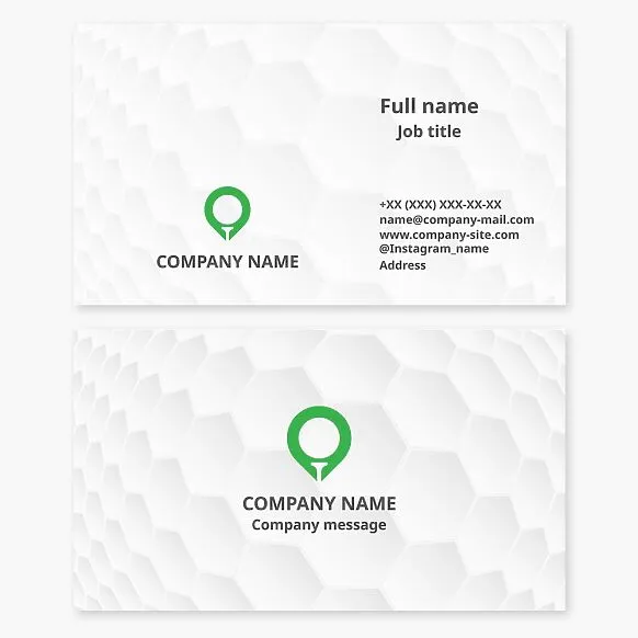 Business card template. Golf club. Golf instructor. Golf accessories store. Location icon, golf ball.