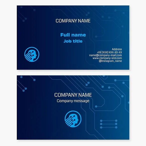 Business card template. Digital technology innovation company. Artificial intelligence. Neuroscience. Machine learning. Futuristic developments in advanced technology. Robotics. Letter O.