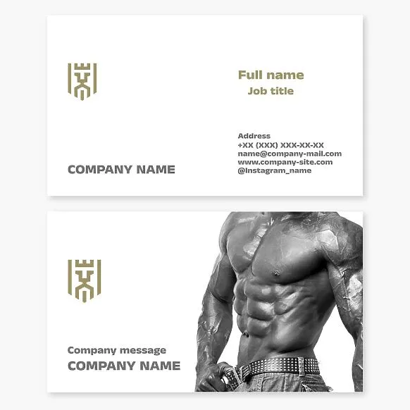 Male model business card template. Lion, shield, crown. Modeling agency. Bodybuilding. Fitness club.